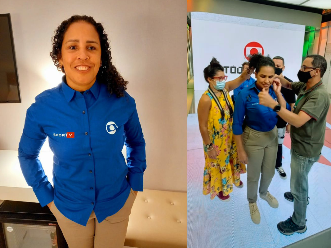 Duas fotos: Adria com Fernando Fernandes em frente a telão da Globo e equipe arruma o cabelo de Adria.