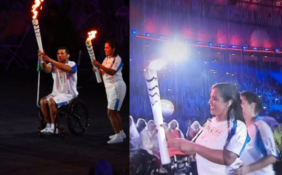 Duas fotos: Adria e Clodoaldo Silva seguram piras olímpicas acesas e Adria leva pira no estádio.