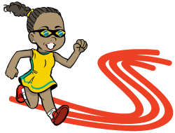 Ilustração da Adria Santos correndo sobre curvas vermelhas no formato da letra S do logotipo.