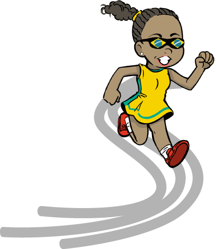 Desenho da Adria Santos correndo sobre pista no formato da letra S do logotipo.
